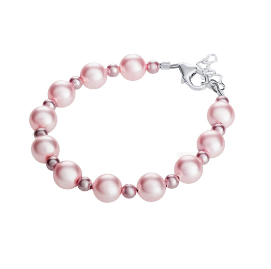 Children's bracelet with rose and pink pearls, sterling silver clasp, designed for ages 5-10, featuring a charming heart design.