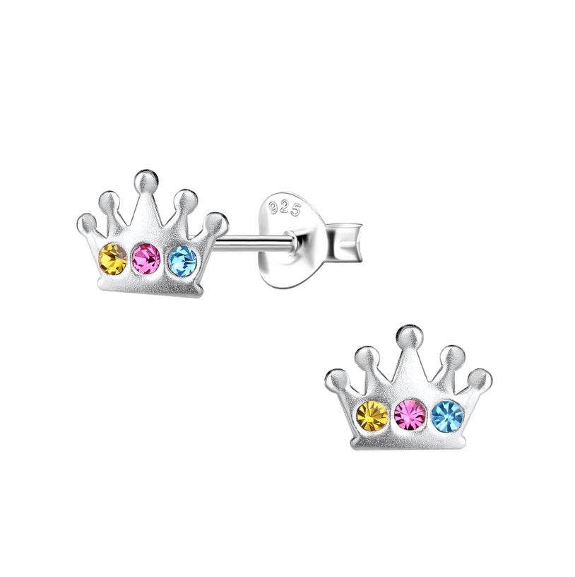 Children's earrings featuring sterling silver crown design with colorful CZ stones.