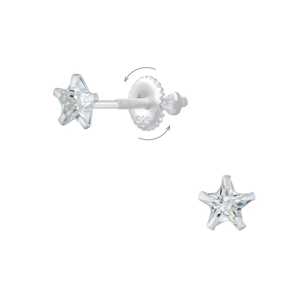 Children's Earrings: Sterling Silver Clear Star CZ Studs with Screw Backs and Gift Box