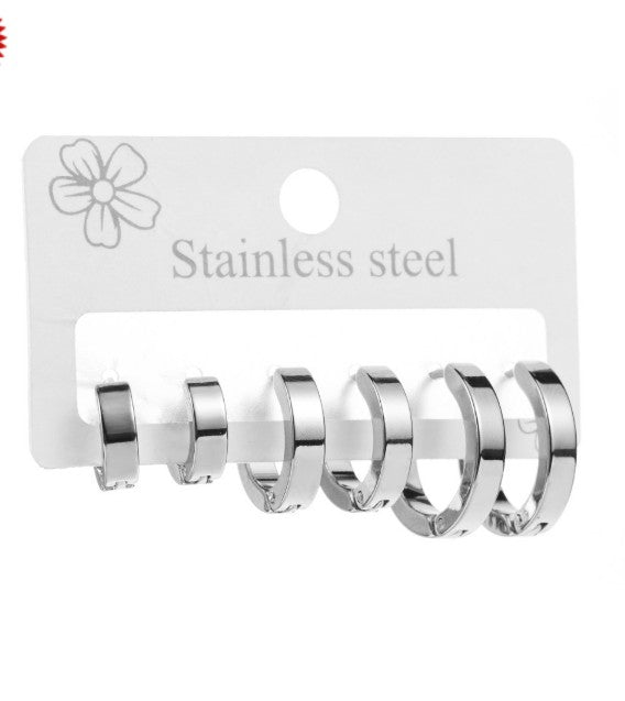 Children's, Teens' and Mothers' Earrings: Set of 3 Pairs of Stainless Steel Huggie Hoops - Family Pack