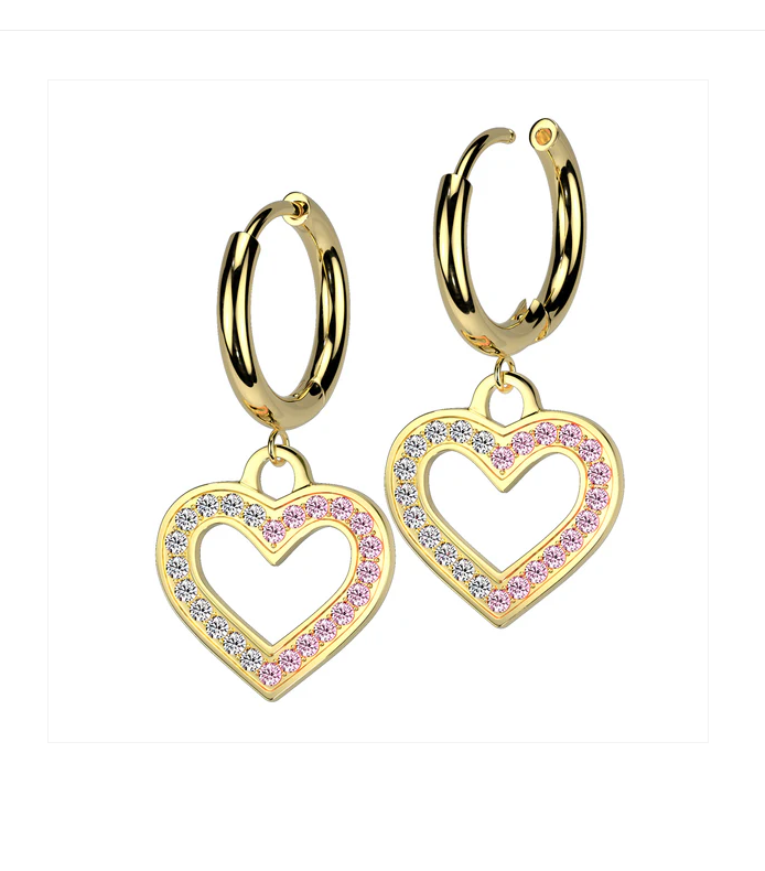 Children's, Teens' and Mothers' Earrings: Surgical Steel with Gold IP Hoops with Pink and White CZ Open Hearts and Gift Box