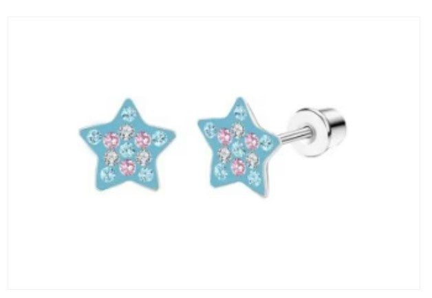Children's and Teens' Earrings: Hypoallergenic Surgical Steel Blue and Pink CZ Stars with Screw Backs