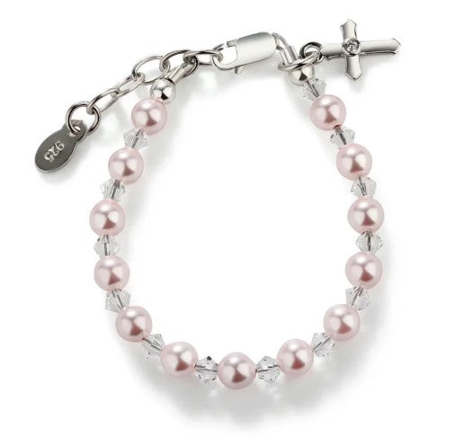 Children's Bracelets:  Sterling silver, Pink Swarovski Pearls with Cross Age 6 - 12