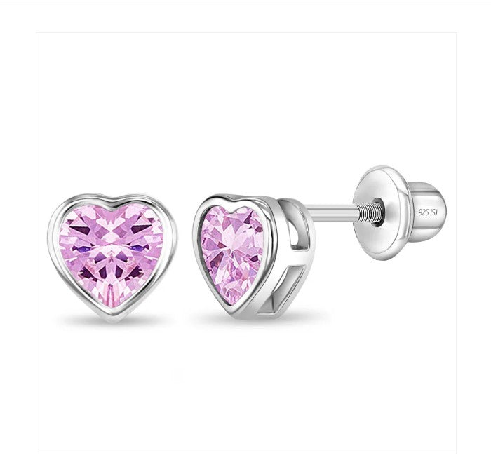 Children's Earrings: Sterling Silver Pink CZ Hearts with Screw Backs 6mm