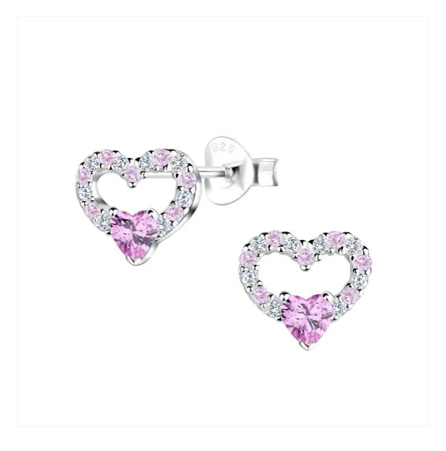 Children's and Teens' Earrings: Sterling Silver Pink and White CZ Open Hearts