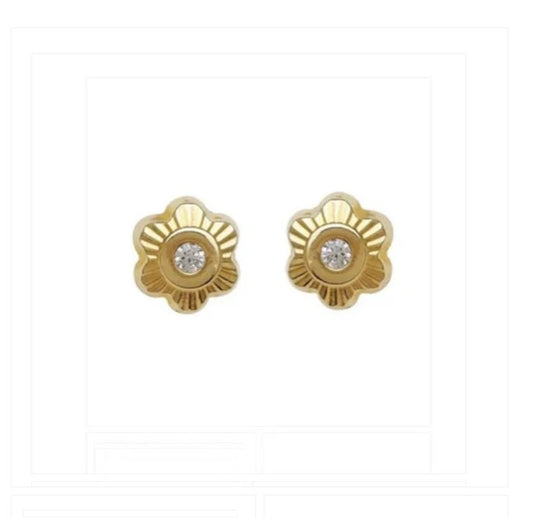 Baby Earrings:  14k Solid Gold Sunray (Diamond Cut) Tiny Flowers with AAA Central CZ and Screw Backs and Gift Box