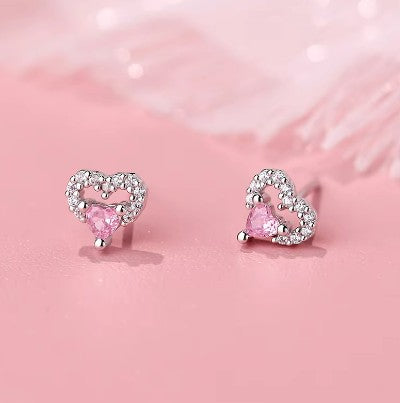 Children's Earrings: Sterling silver AAA CZ Heart on Heart Earrings with Push Backs