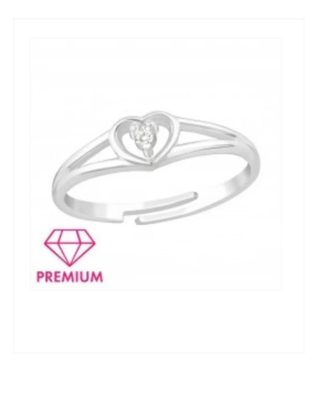 Children's Rings: Sterling Silver, Clear CZ Heart Ring - Adjustable with Gift Box