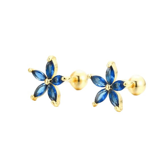 Children's Earrings: Surgical Steel, Gold IP, with Vibrant Blue AAA CZ Flowers Reversible Screw Backs