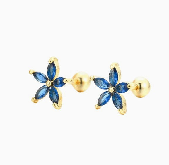 Children's Earrings: Surgical Steel, Gold IP, with Vibrant Blue AAA CZ Flowers Reversible Screw Backs