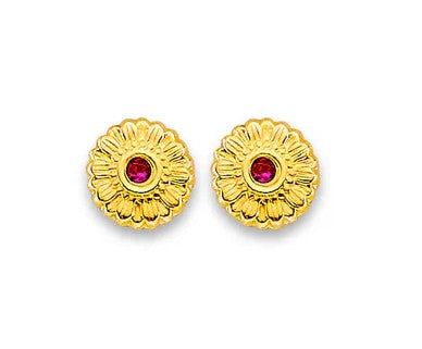 Children's and Teens' Earrings:  14k Solid Gold Flowers with AAA Ruby CZ, wiith Screw Backs and Gift Box