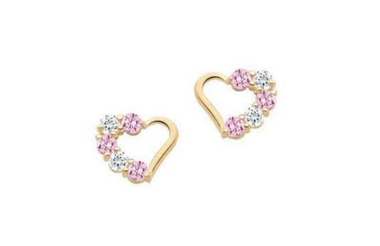 Children's and Teens' Earrings: 14k Solid Gold Open Hearts Encrusted with Clear CZ, with Screw Backs and Gift Box