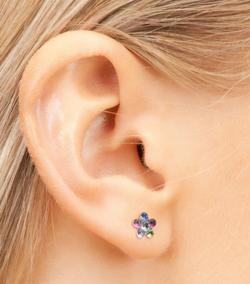 Baby and Children's Earrings: Hypoallergenic Steel, Flowers with Colourful CZ, with Screw Backs