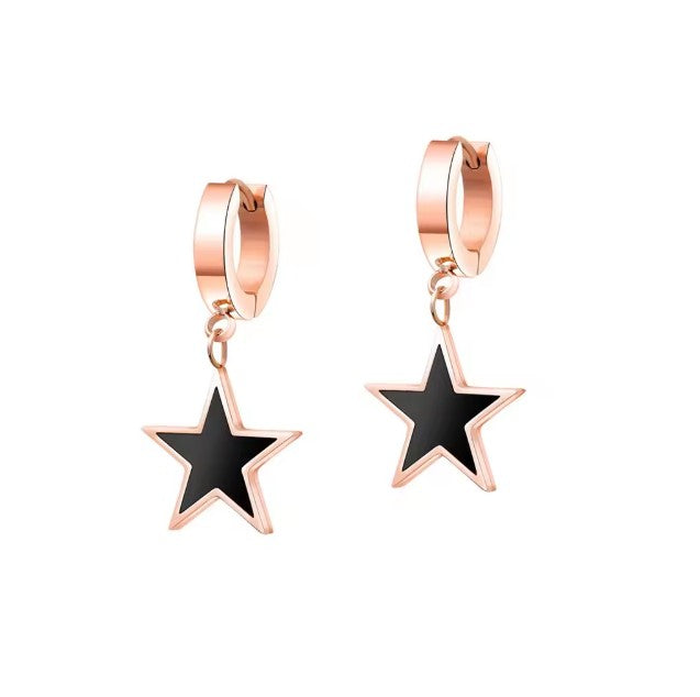 Teens' and Mothers' Earrings: Steel with Rose Gold IP Huggie Hoops with Black Stars