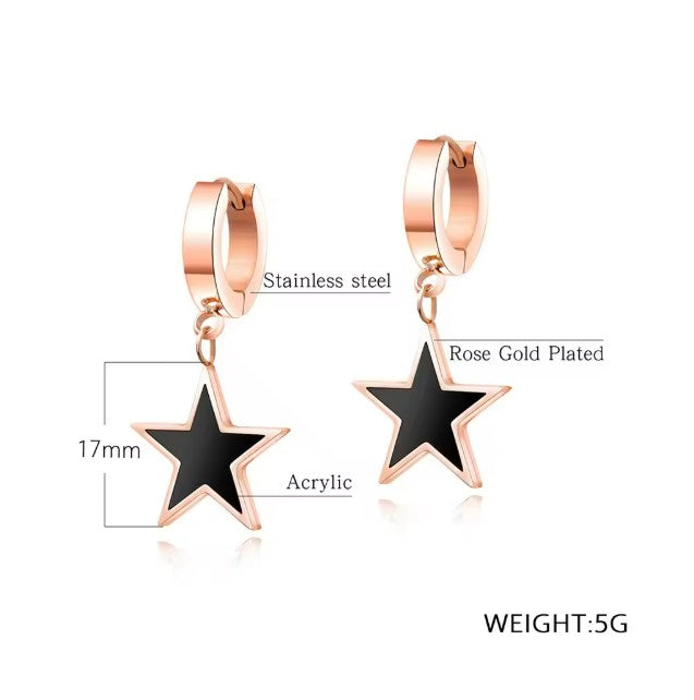 Teens' and Mothers' Earrings: Steel with Rose Gold IP Huggie Hoops with Black Stars