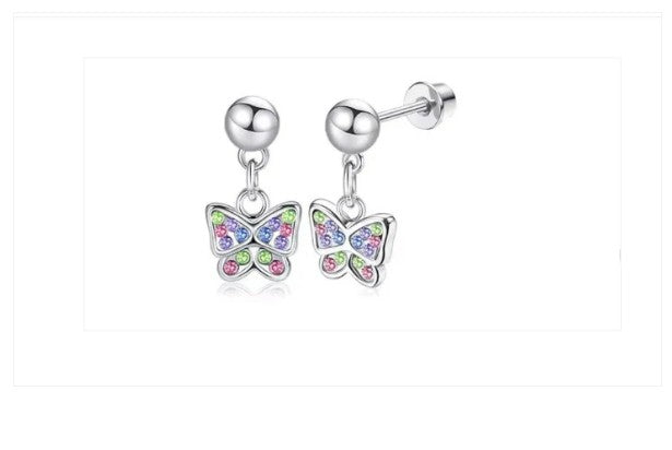 Children's, Teens' and Mothers' Earrings: Hypoallergenic Surgical Steel Pink, Blue and Green CZ butterfly Dangles with Screw Backs