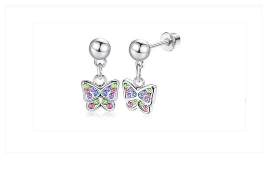 Children's, Teens' and Mothers' Earrings:  Hypoallergenic Surgical Steel Pink, Blue and Green CZ butterfly Dangles with Screw Backs
