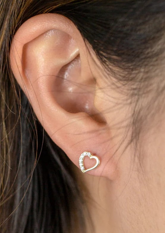 Children's Earrings: 14k Gold Over Sterling Silver Open Hearts with AAA CZ with Gift Box