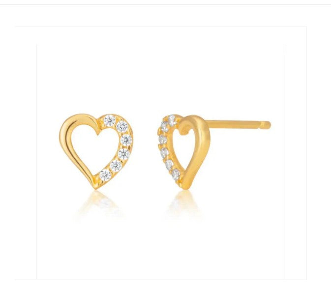 Children's Earrings: 14k Gold Over Sterling Silver Open Hearts with AAA CZ with Gift Box