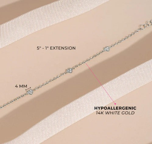 Baby and Children's Bracelets: 14k Solid White Gold Bracelet with Clear CZ Hearts and Gift Box