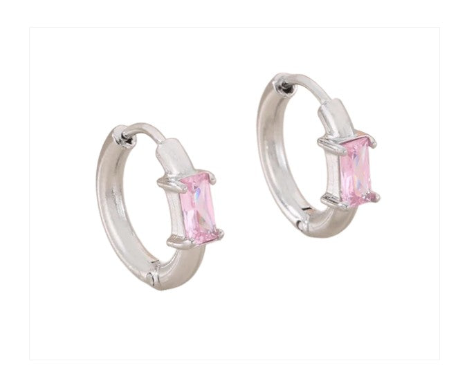 Children's, Teens' and Mothers' Earrings: Surgical Steel Huggie Hoops with AAA Pink Emerald-Cut CZ