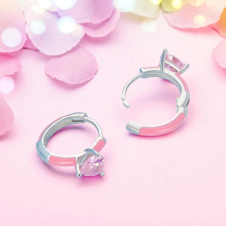 Heart hoop earrings - 925 sterling silver with pink enamel and CZ crystals, perfect for everyday wear.