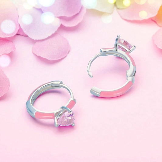 Heart hoop earrings - 925 sterling silver with pink enamel and CZ crystals, perfect for everyday wear.
