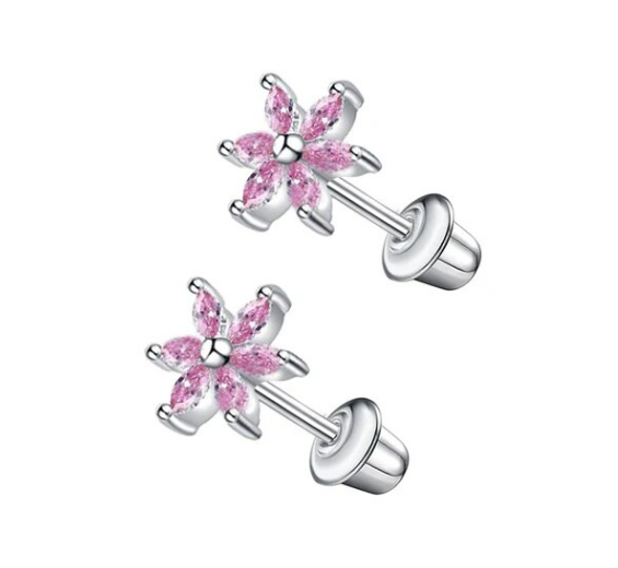 Children's, Teens' and Mothers' Earrings: Surgical Steel Pink Flowers with AAA CZ and Screw Backs and Gift Box