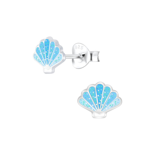 Shell earrings made of 925 sterling silver with blue enamel glitter clamshell design for ocean-inspired style.