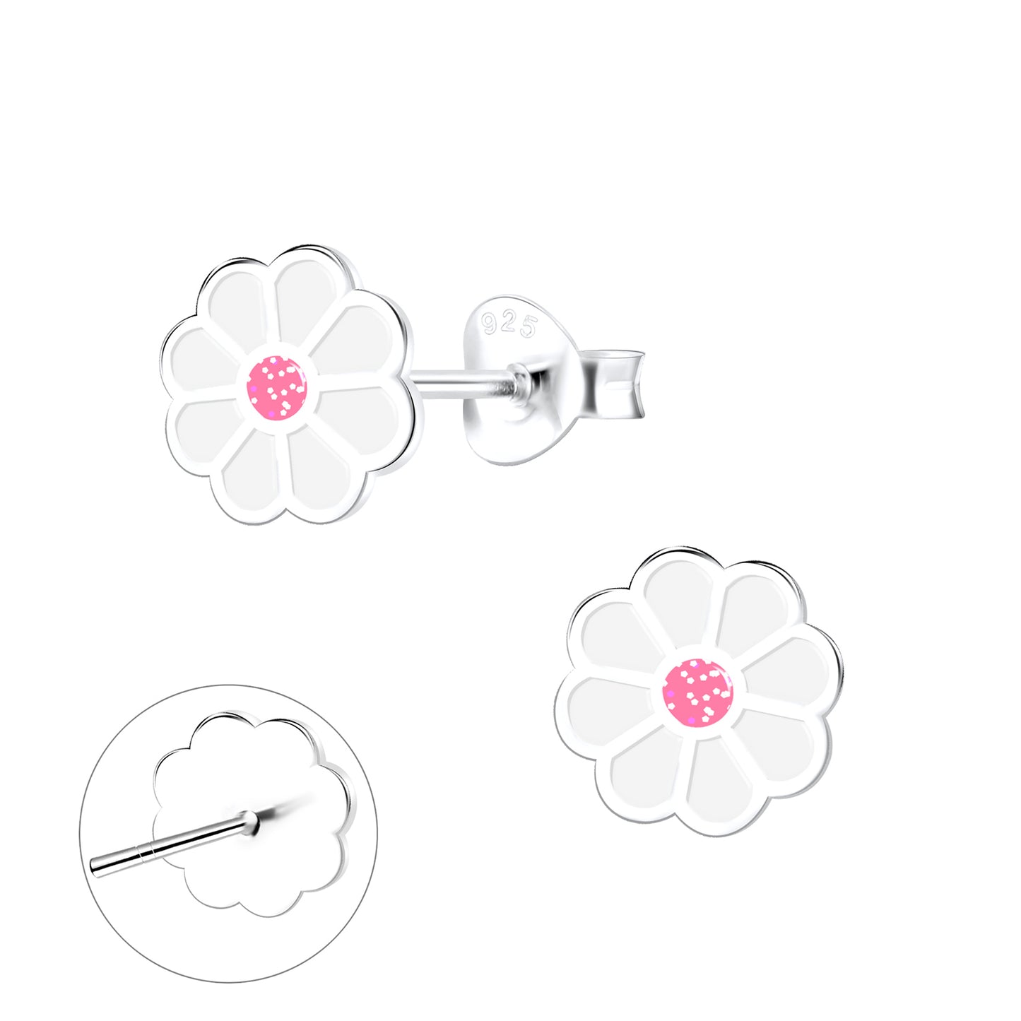 Daisy earrings made of 925 sterling silver with white and pink glitter enamel, featuring secure push back closures.