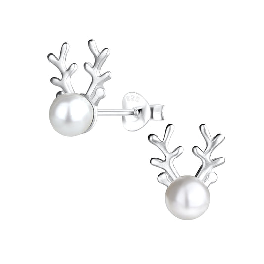 Reindeer earrings in 925 sterling silver with white imitation pearl detailing, perfect for festive occasions.