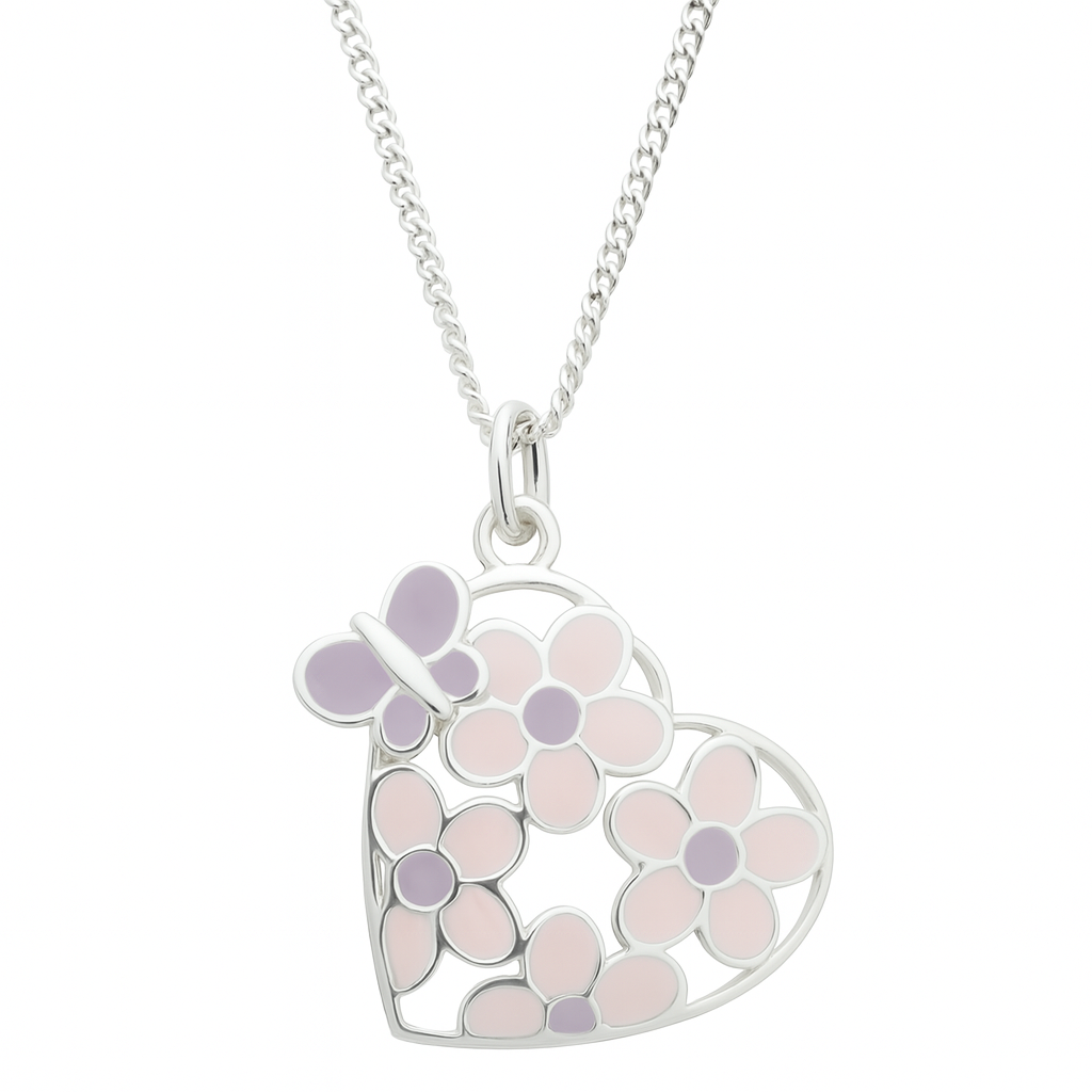 Product image of a heart-shaped silver pendant featuring pastel pink and lavender enamel flowers and a butterfly, suspended from a polished silver chain on a white background.