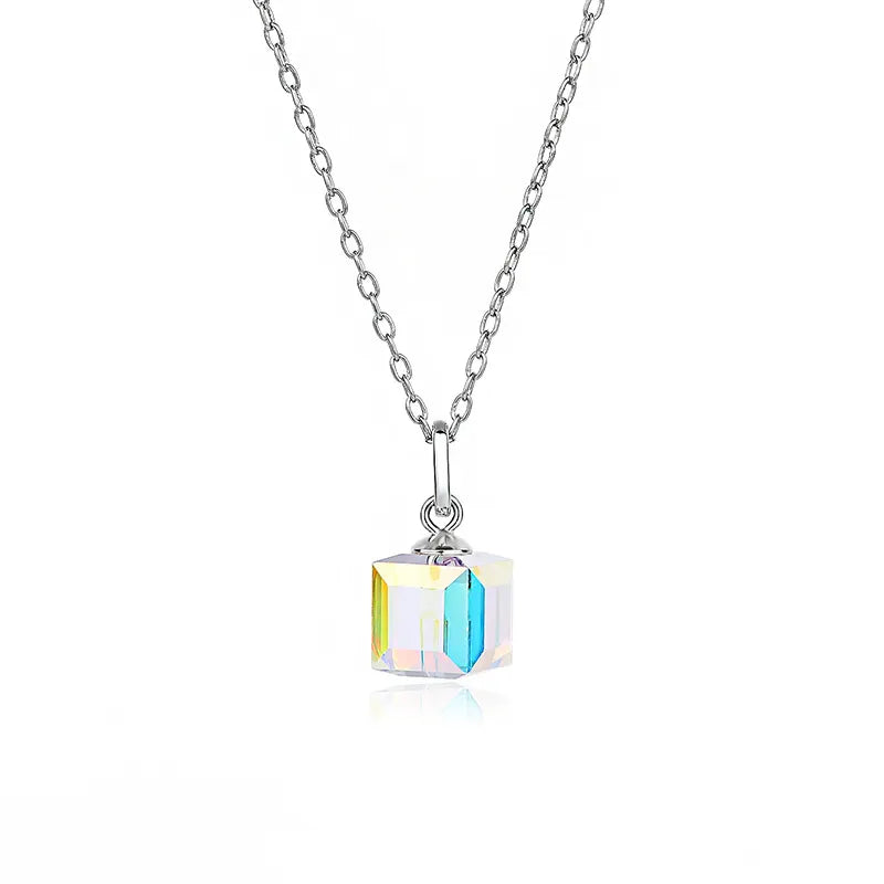 Children's, Teens' and Mothers' Necklaces:  Sterling Silver, Austrian Aurora Borealis Crystal Cube Necklace 40 + 4cm