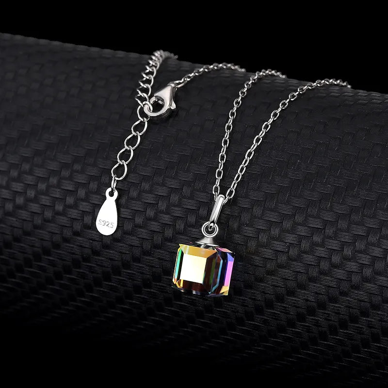 Children's, Teens' and Mothers' Necklaces: Sterling Silver, Austrian Aurora Borealis Crystal Cube Necklace 40 + 4cm