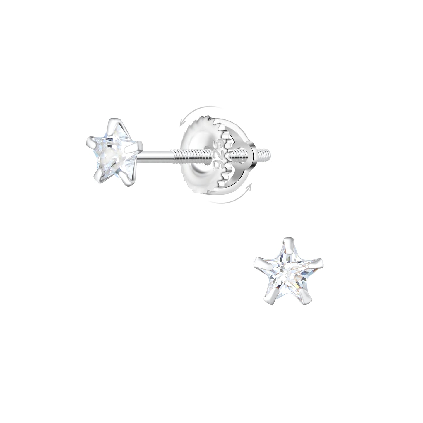 Star earrings featuring 4mm cubic zirconia stars and secure screw back closures in 925 sterling silver.