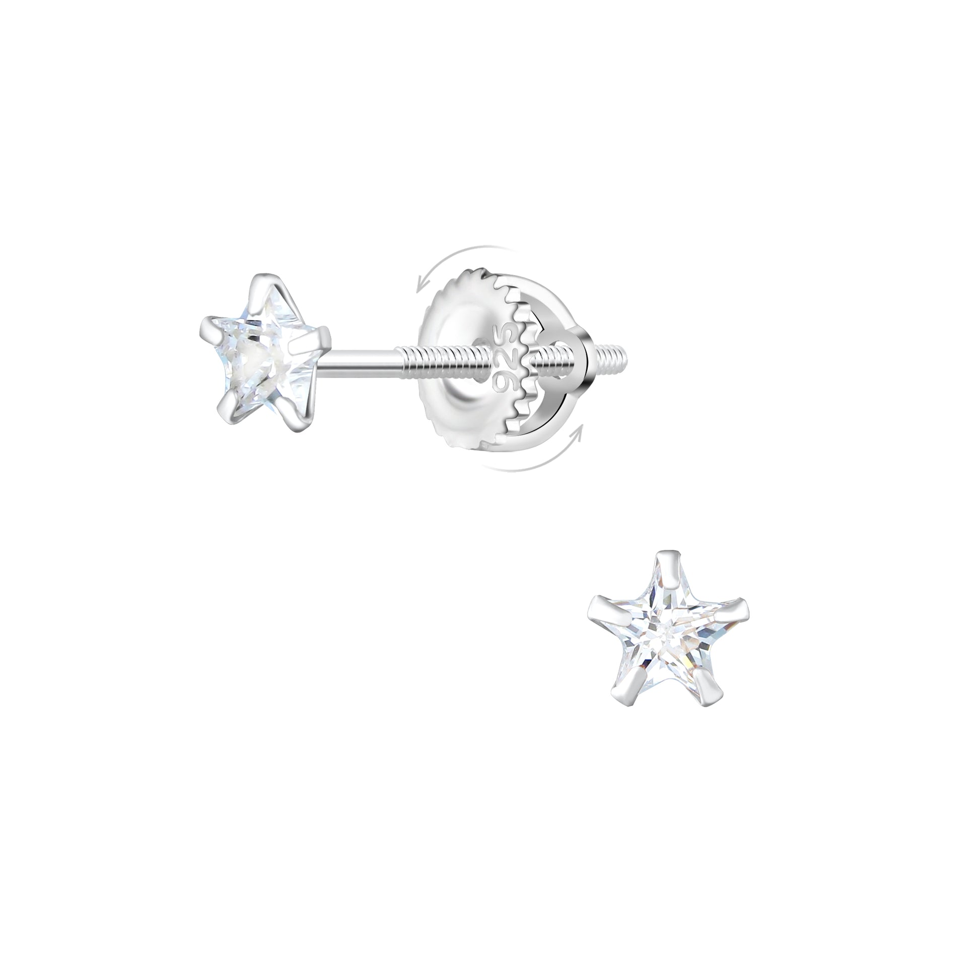 Star earrings featuring 4mm cubic zirconia stars and secure screw back closures in 925 sterling silver.