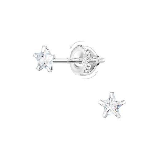 Star earrings featuring 4mm cubic zirconia stars and secure screw back closures in 925 sterling silver.
