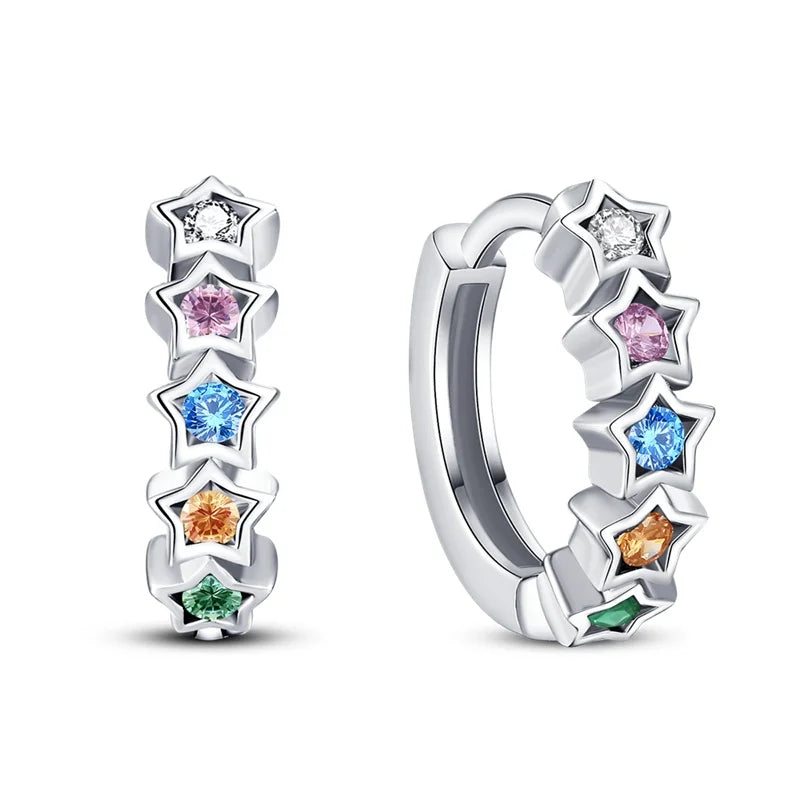 Star hoop earrings featuring 925 sterling silver and rainbow CZ stones, perfect for adding color and charm.