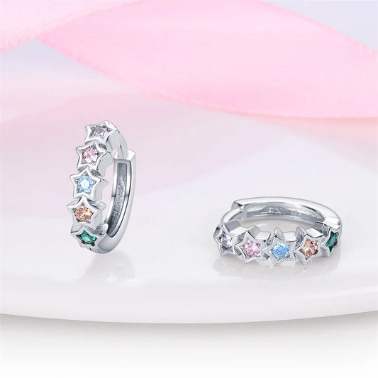 Star hoop earrings crafted from 925 sterling silver featuring colorful rainbow CZ stars, perfect for any occasion.