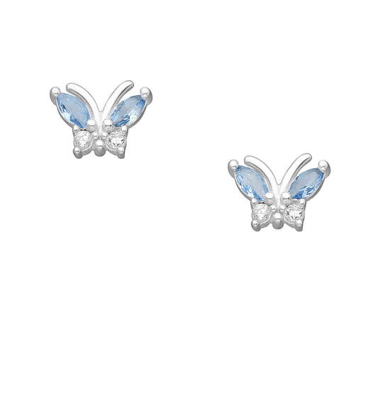 Sterling silver butterfly shaped stud earrings with blue and clear cubic zirconia wings on a white background