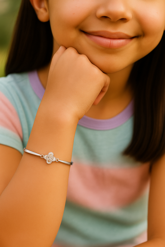 Children's Bracelets: Sterling Silver Bangle Bracelets with CZ Flower and Extension Age 6 - Teens, with Gift Box