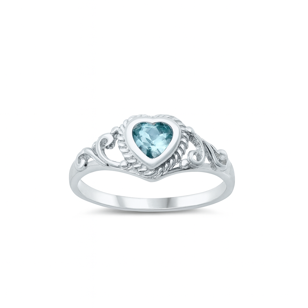 Silver ring with a heart-shaped blue gemstone on a white background