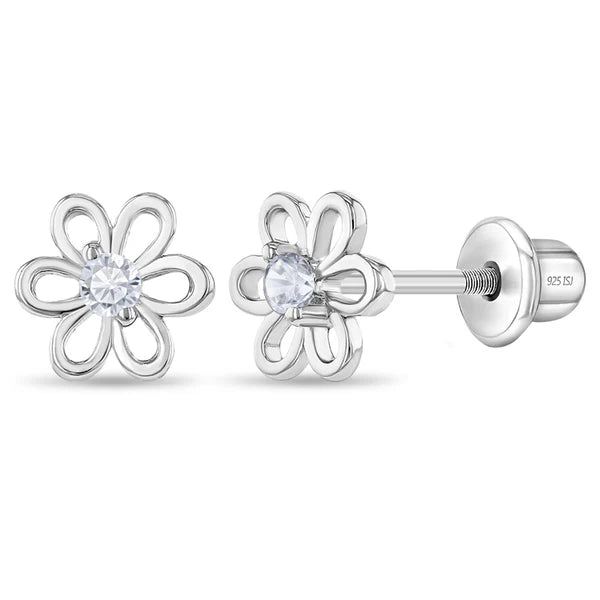 Sterling silver flower stud earrings with clear CZ stones - hypoallergenic