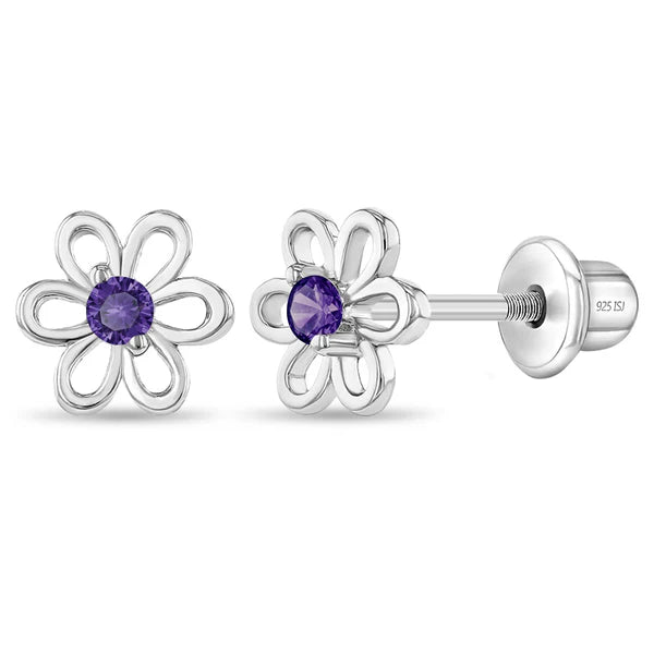 Sterling silver flower stud earrings with purple CZ stones for girls