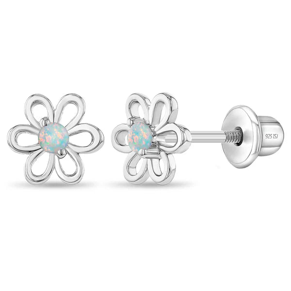 Sterling silver flower stud earrings with white opal stones for sensitive ears