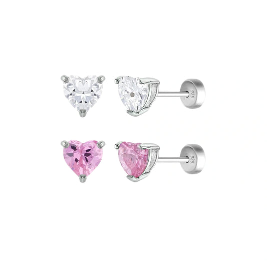 Sterling silver heart CZ earrings for girls with safety screw backs - main product image