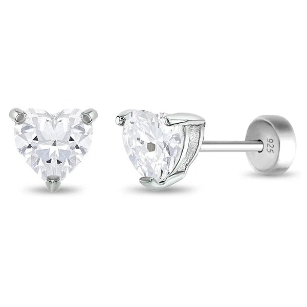 Clear crystal heart earrings - sterling silver with CZ stones for children