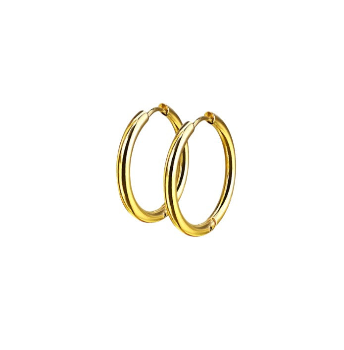 Gold hinged hoop earrings on a white background