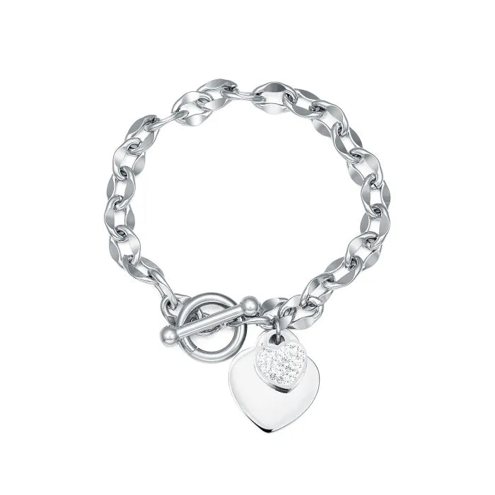 Titanium bracelet featuring chunky link design, toggle closure, and heart charms for elegant style.