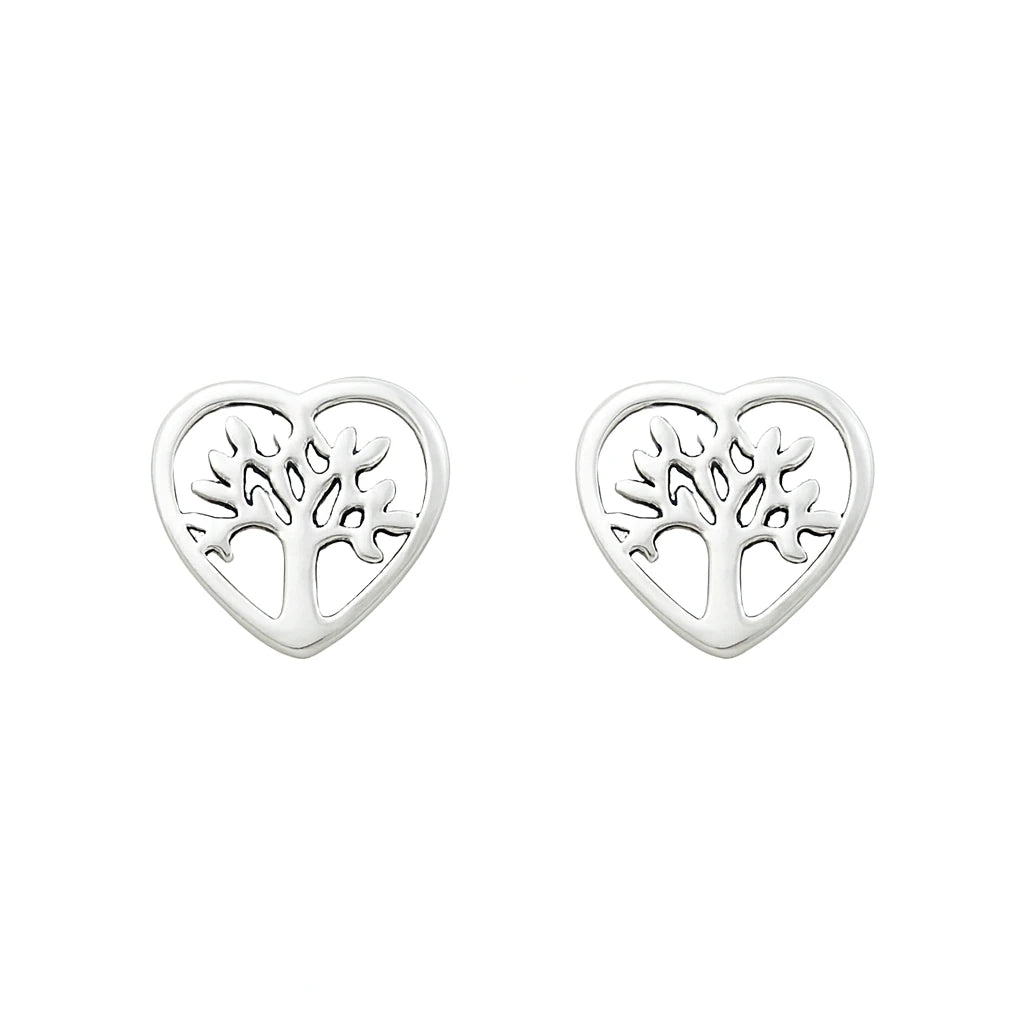 Tree of Life Earrings - 925 Sterling Silver Heart Studs with delicate tree design